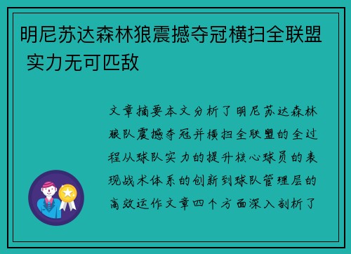 明尼苏达森林狼震撼夺冠横扫全联盟 实力无可匹敌
