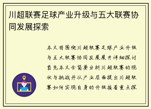 川超联赛足球产业升级与五大联赛协同发展探索