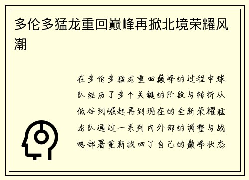 多伦多猛龙重回巅峰再掀北境荣耀风潮
